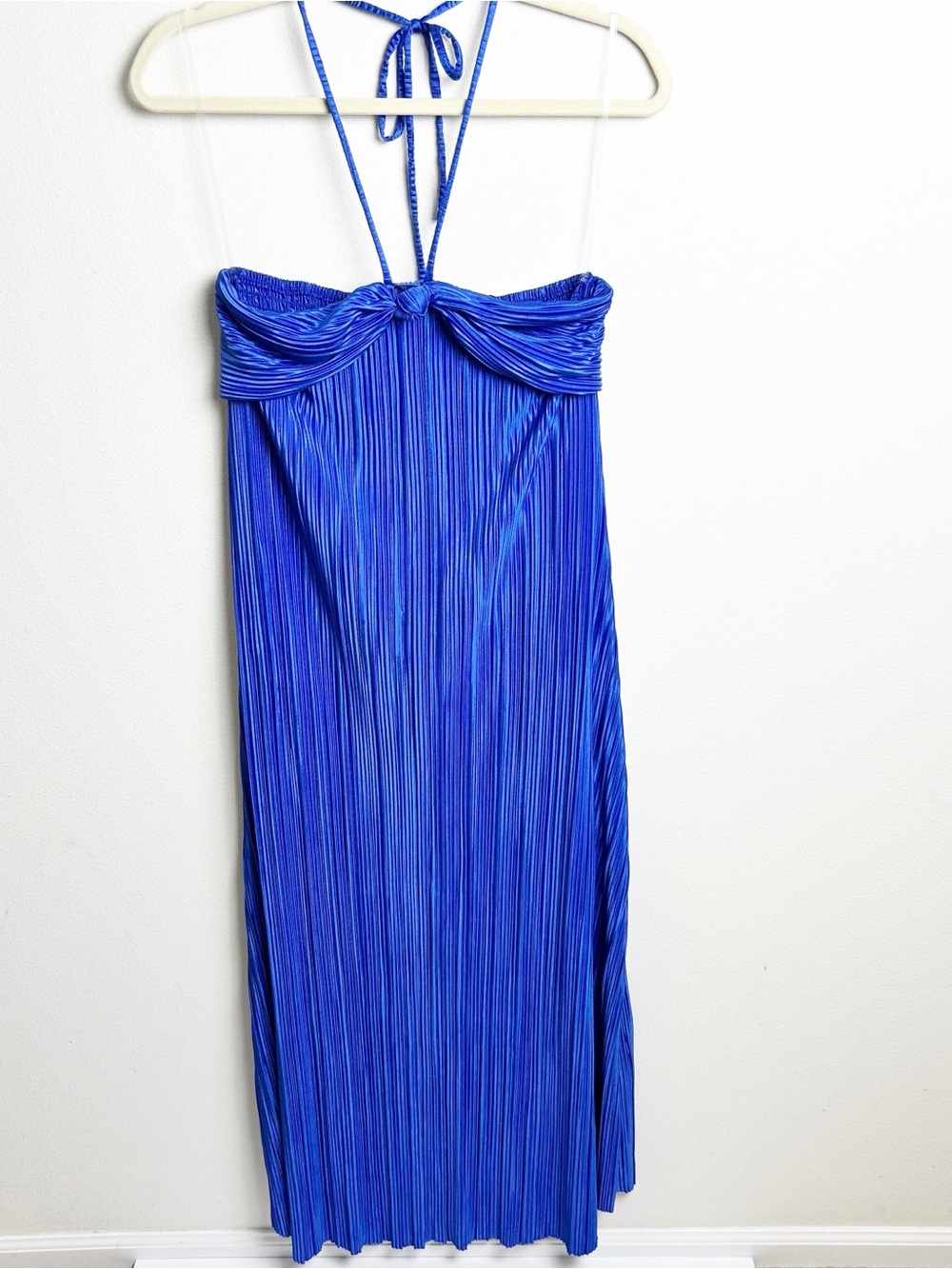 Crinkle Pleat Maxi Dress Cobalt Blue Halter Tie | Talulah | S